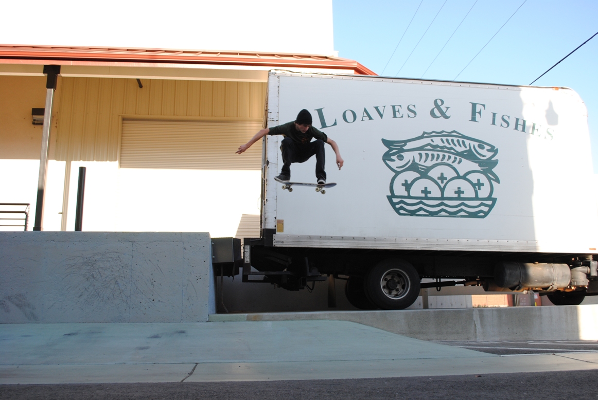 ollie into the bank along the loaves & fishes truck