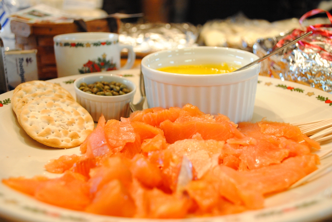 smoked salmon, hollandaise sauce, capers and crackers